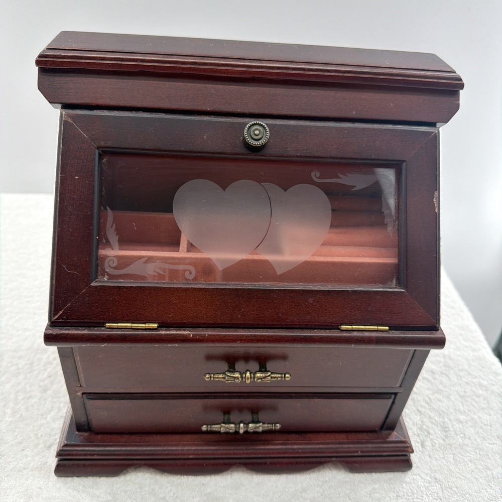 VINTAGE WOOD JEWELRY BOX 9 3/4"Lx9 1/2"W Etched Hearts 2 Drawers Top Flips Open